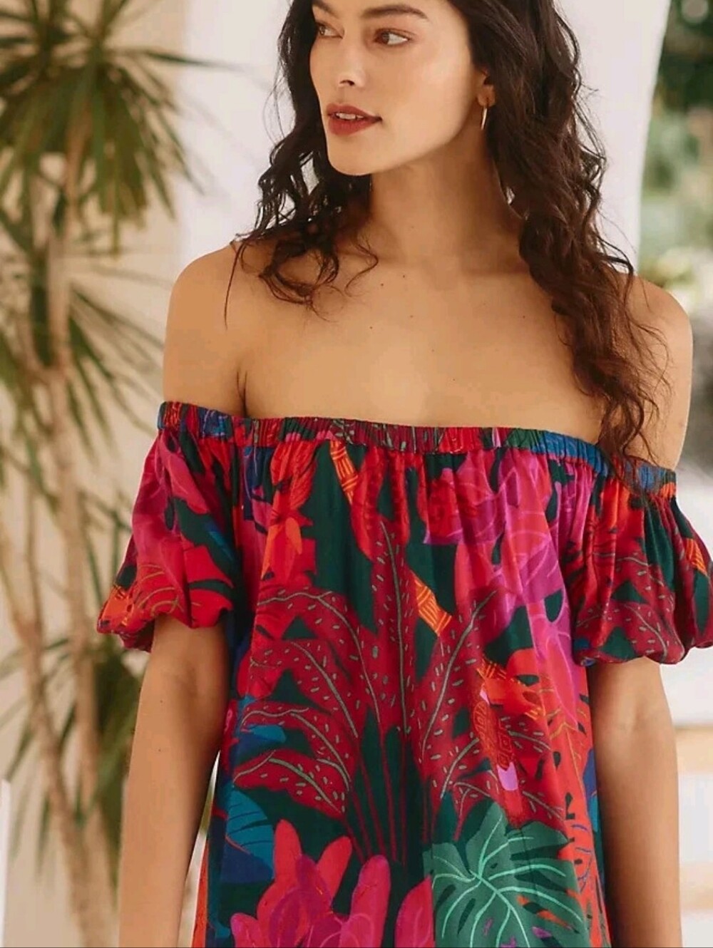 FARM RIO Off Shoulder Dress  Anthropology Tropical Leaf Tiered Size MED - Picture 6 of 8